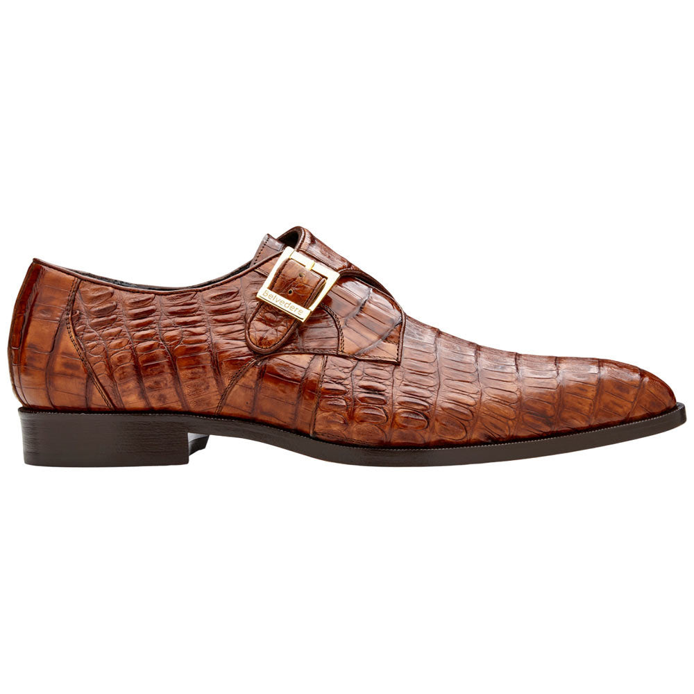 Belvedere Angelo Genuine Walnut Caiman Crocodile Skin Monk Strap (US Men Size)