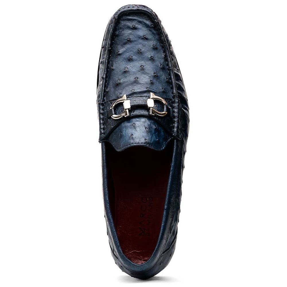 Ferrioni Men’s Genuine Ostrich Moc Toe Bit Loafers | Marco Di Milano in Navy