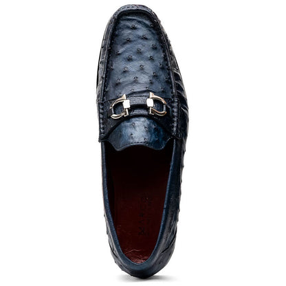 Ferrioni Men’s Genuine Ostrich Moc Toe Bit Loafers | Marco Di Milano in Navy