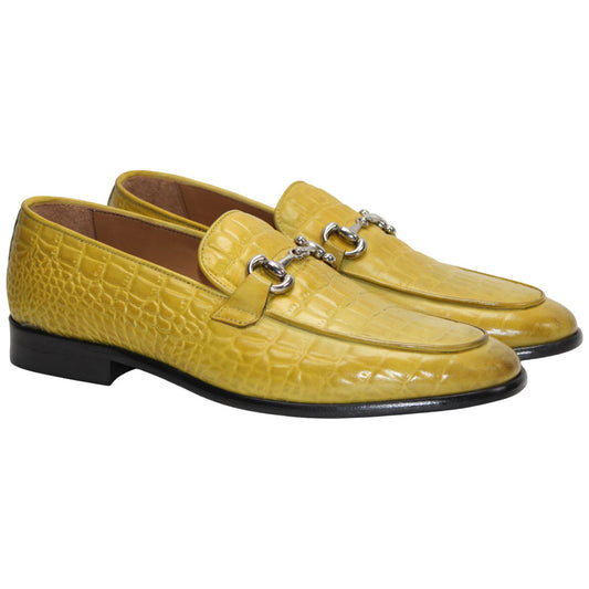 Duca Vasto Men's Yellow Croco Print Leather Loafers