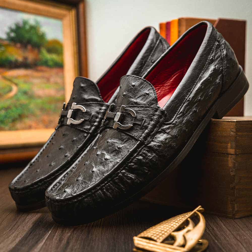 Ferrioni Black Men’s Genuine Ostrich Moc Toe Bit Loafers | Marco Di Milano