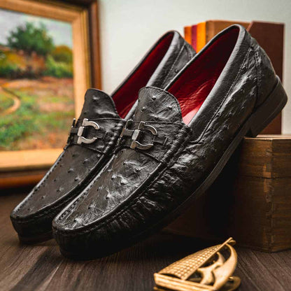 Ferrioni Black Men’s Genuine Ostrich Moc Toe Bit Loafers | Marco Di Milano