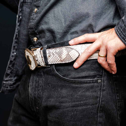 Arkansas Genuine Python Skin Western Belt in Natural with Antique Western Buckle | Marco Di Milano Exotic Belt
