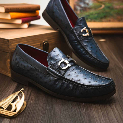 Ferrioni Men’s Genuine Ostrich Moc Toe Bit Loafers | Marco Di Milano in Navy