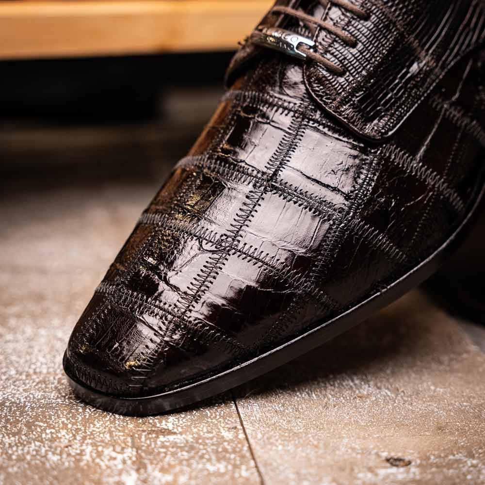 Pissa Brown Men’s Genuine Crocodile and Lizard Skin Patchwork Derby