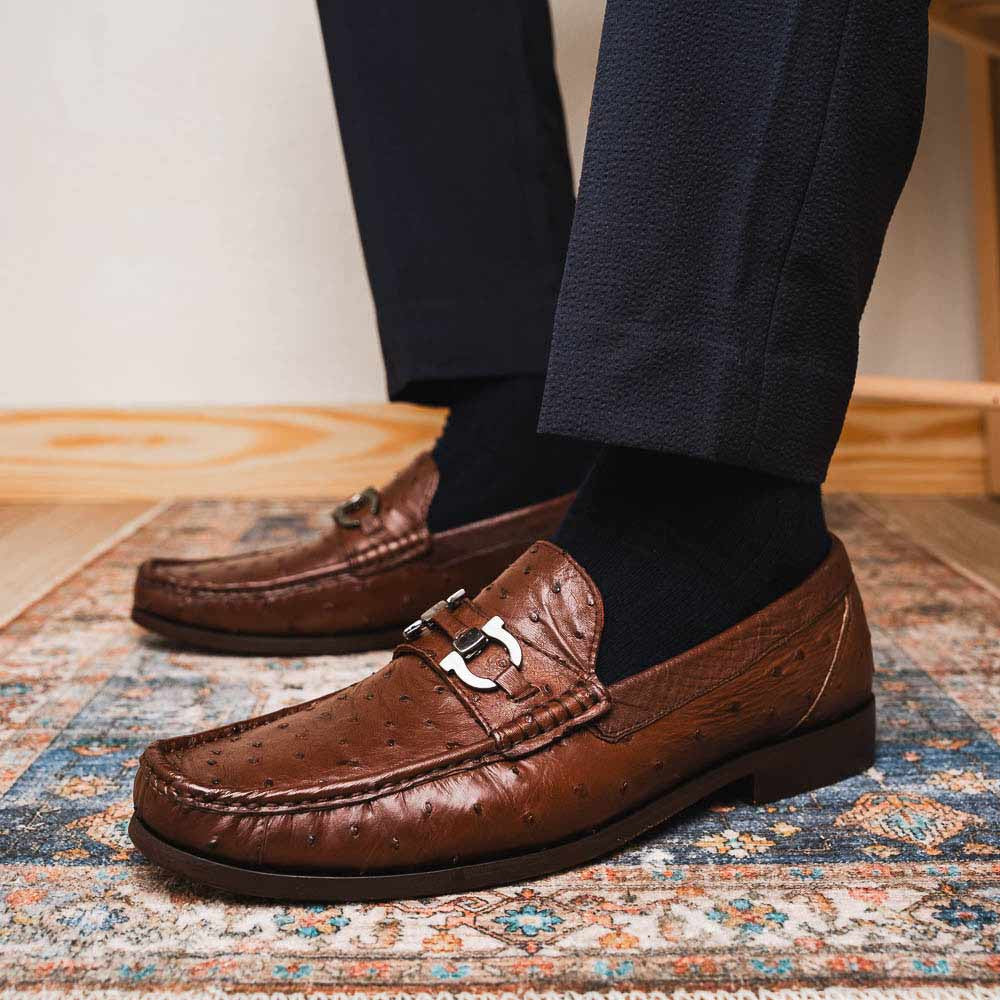 Ferrioni Kango Tabac Men’s Genuine Ostrich Moc Toe Bit Loafers | Marco Di Milano