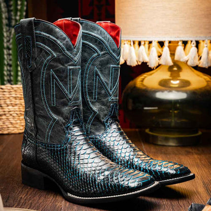 Missouri Genuine Python Skin Black and Blue Cowboy Boot | Marco Di Milano Western Boots