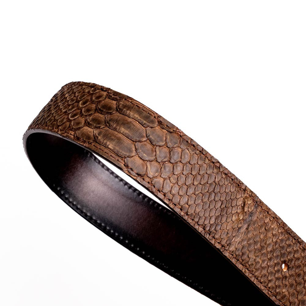 Arkansas Genuine Python Skin Western Belt in Brown with Antique Western Buckle | Marco Di Milano Exotic Belt