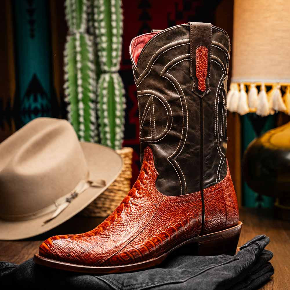 Denver Genuine Ostrich Leg Skin Cognac Cowboy Boot | Marco Di Milano Western Boots