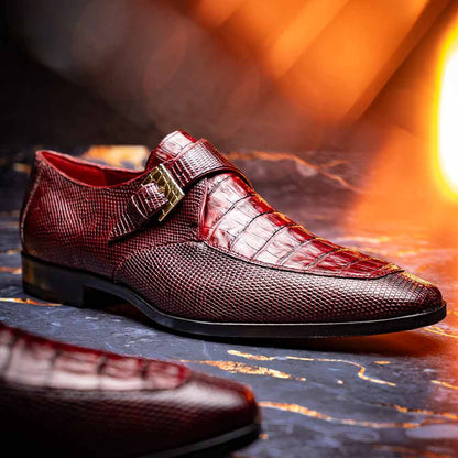 Toluca Genuine Crocodile and Lizard Skin Wine Monk Strap | Marco Di Milano