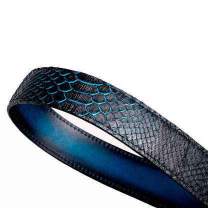 Arkansas Genuine Python Skin Western Belt in Black/Blue with Antique Western Buckle | Marco Di Milano Exotic Belt