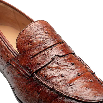 Mezlan Nogales Moc Toe Brandy Ostrich Leather Penny Loafer Dress Shoes