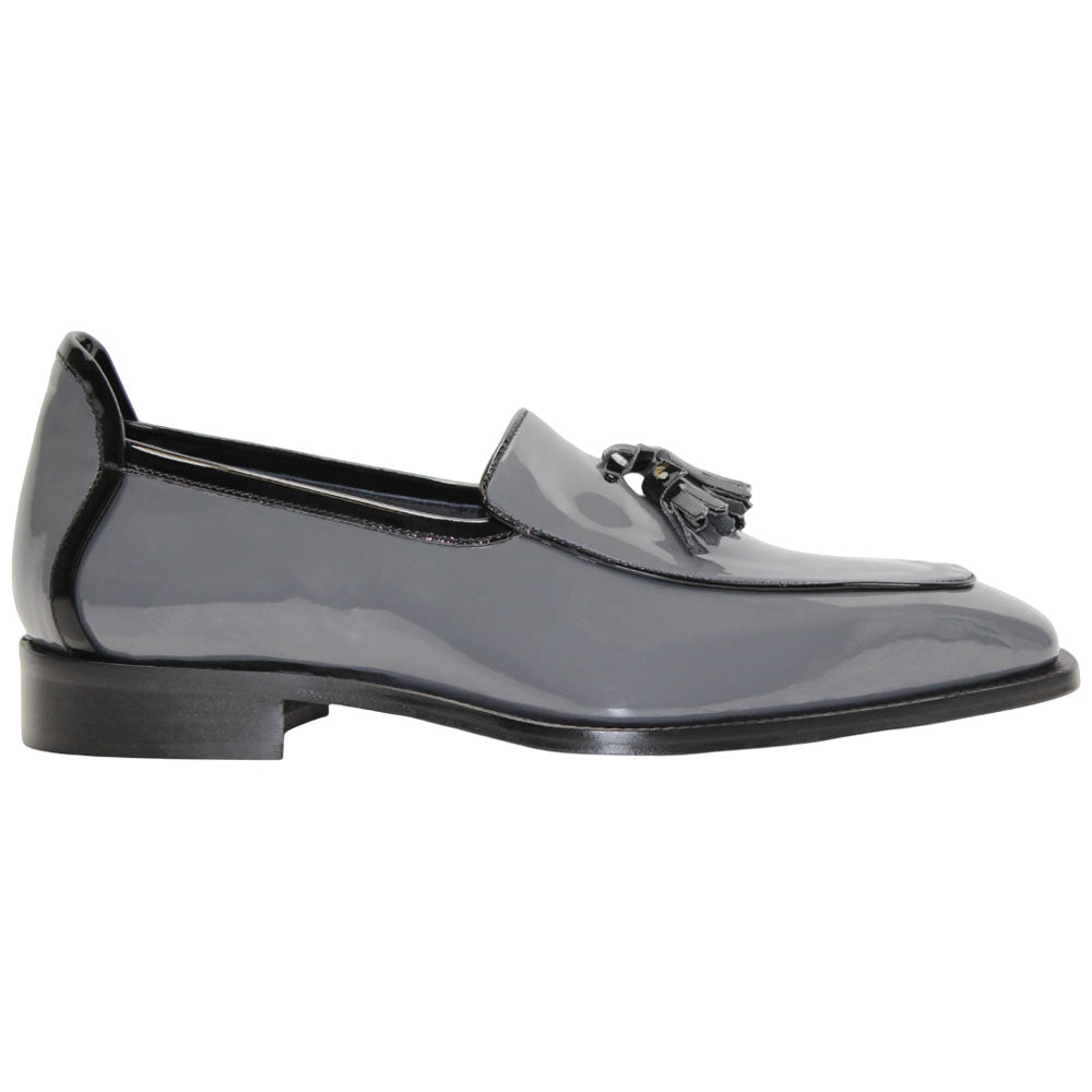 Duca Fano Grey/Black Genuine Italian Patent Leather Tassel Loafer Shoes