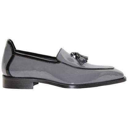 Duca Fano Grey/Black Genuine Italian Patent Leather Tassel Loafer Shoes