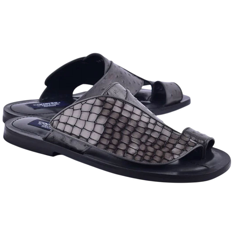 Corrente Men’s Grey Croco Print Ostrich Open Toe Leather Sandal