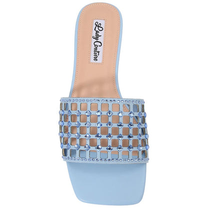 Lady Couture Women's Garden Blue Geometric Crystal Flat Slide Sandals