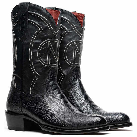 Denver Genuine Ostrich Leg Skin Black Cowboy Boot | Marco Di Milano Western Boots