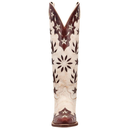Laredo Flourish Women's White Leather Western Boot - 17" Tall Snip Toe with Floral Overlay