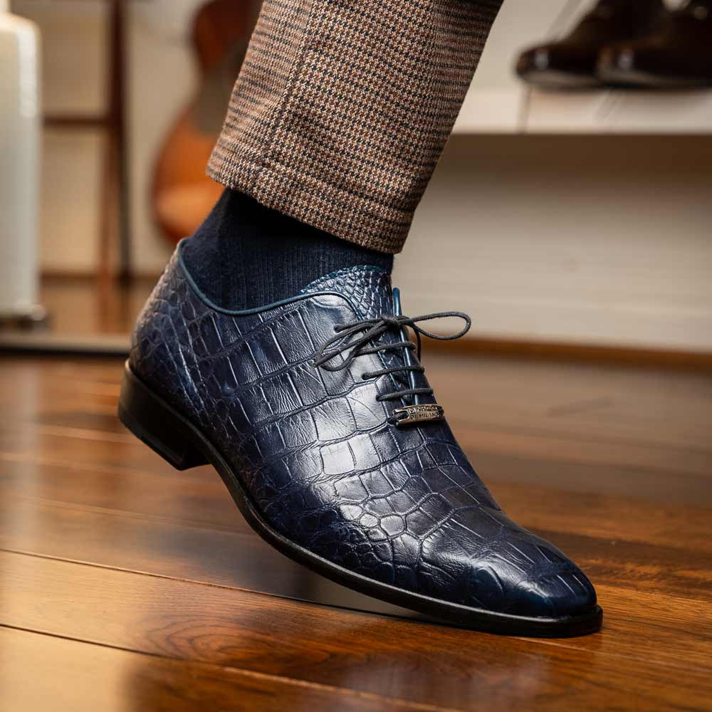 Bono Men’s Genuine Alligator Skin Oxfords | Marco Di Milano Exotic Shoes in Navy