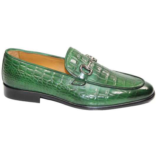 Duca Vasto Men's Green Croco Print Leather Loafers