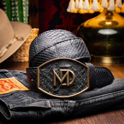 Arkansas Genuine Python Skin Western Belt in Black with Antique Western Buckle | Marco Di Milano Exotic Belt