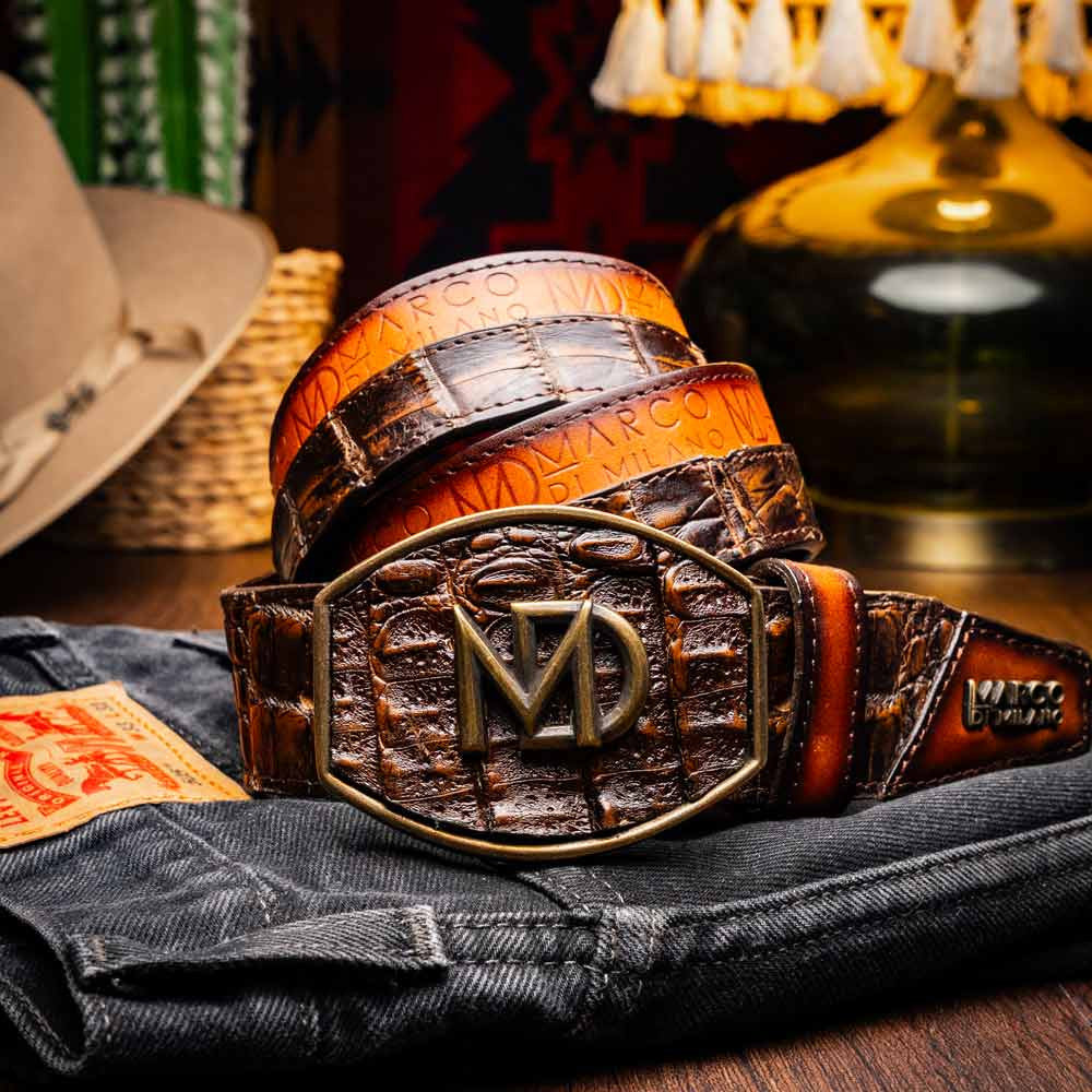 Texas Genuine Caiman Crocodile Skin Belt in Aged Brown with Antique Western Buckle | Marco Di Milano Exotic Belt