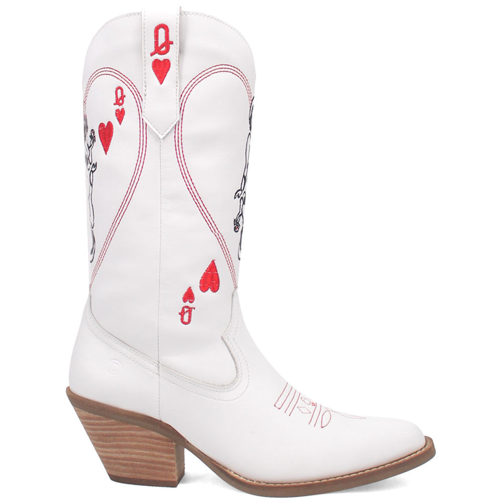 Queen A Hearts White Leather with Red Embroidered Narrow Toe Women Boot | Dingo Western Cowgirl Boots