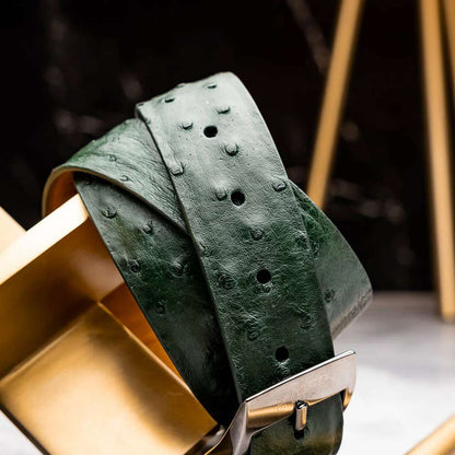 Domenico Men’s Genuine Exotic Ostrich Belts With Brushed Chrome Buckle | Marco Di Milano Exotic Belt in Green