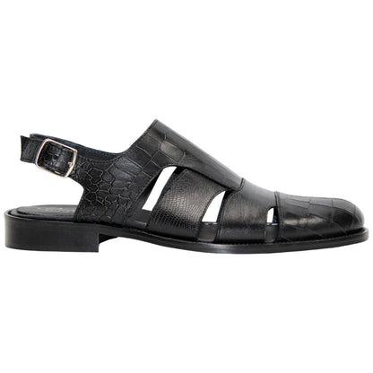 Positano Black Calfskin Crocodile Print Leather Sandal | Duca Dress Sandals