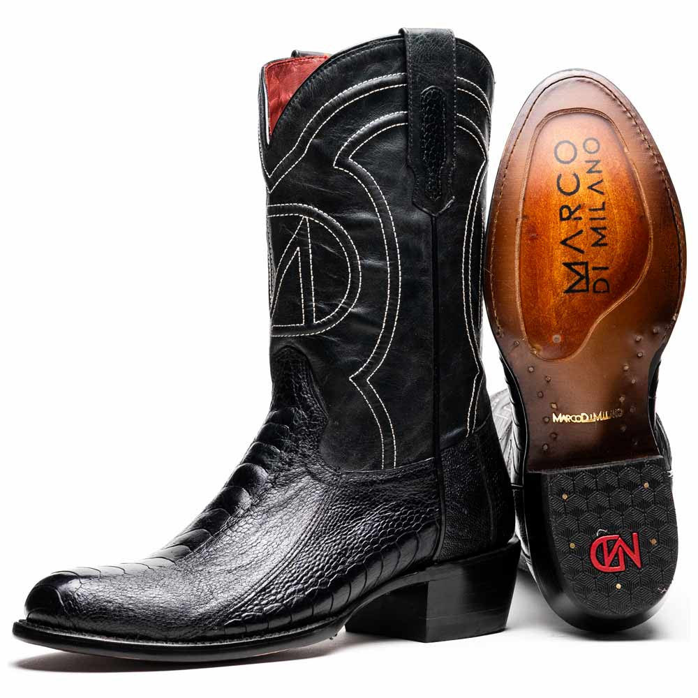 Denver Genuine Ostrich Leg Skin Black Cowboy Boot | Marco Di Milano Western Boots