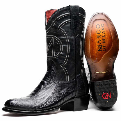 Denver Genuine Ostrich Leg Skin Black Cowboy Boot | Marco Di Milano Western Boots