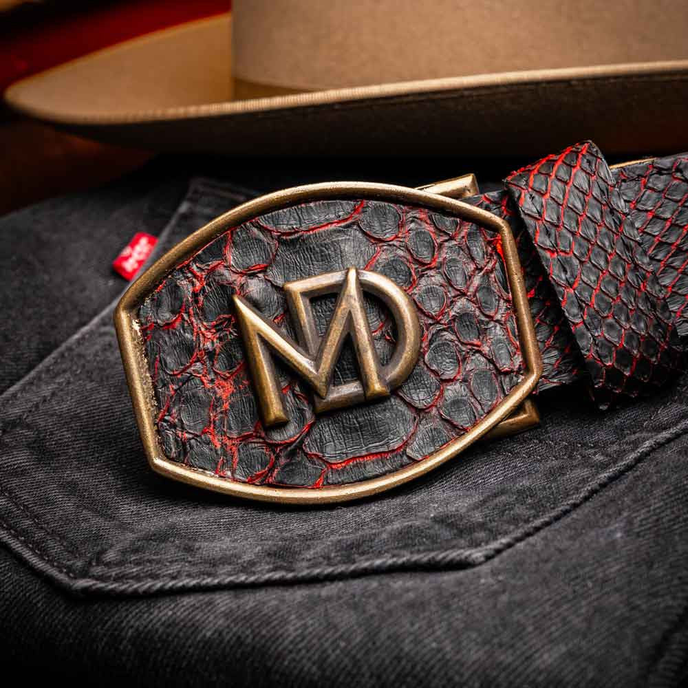 Arkansas Genuine Python Skin Western Belt in Black Cherry with Antique Western Buckle | Marco Di Milano Exotic Belt