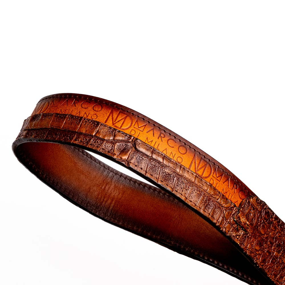 Texas Genuine Caiman Crocodile Skin Belt in Aged Brown with Antique Western Buckle | Marco Di Milano Exotic Belt