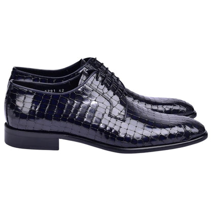 Corrente Men's Croco-Print Calfskin Derby - Navy