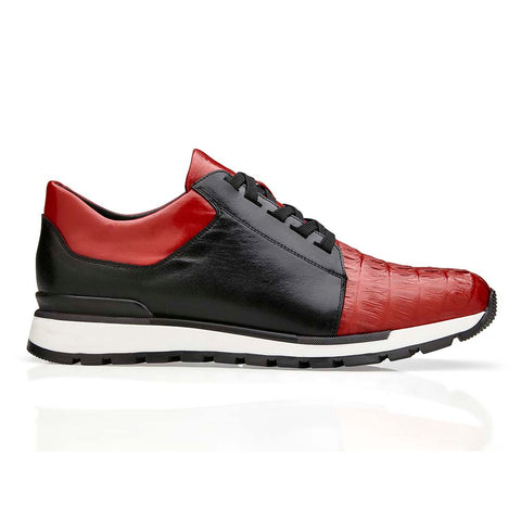 Belvedere Men's Casual Black & Red Exotic Caiman Crocodile/Italian Calf Sneakers