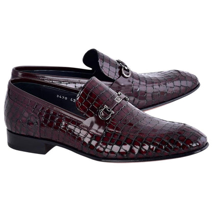 Corrente Men's Crocodile Print Leather Bit Loafer - Burgundy