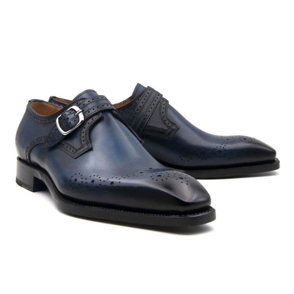 Ugo Vasare Eric Sapphire Blue Calfskin Leather Monk Strap Mens Slip On Loafer