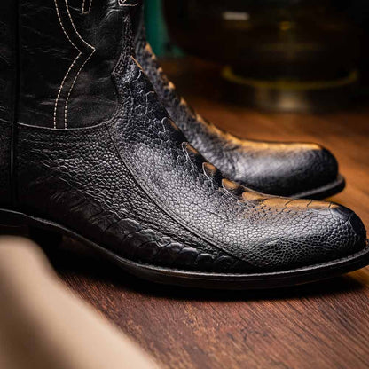 Denver Genuine Ostrich Leg Skin Black Cowboy Boot | Marco Di Milano Western Boots