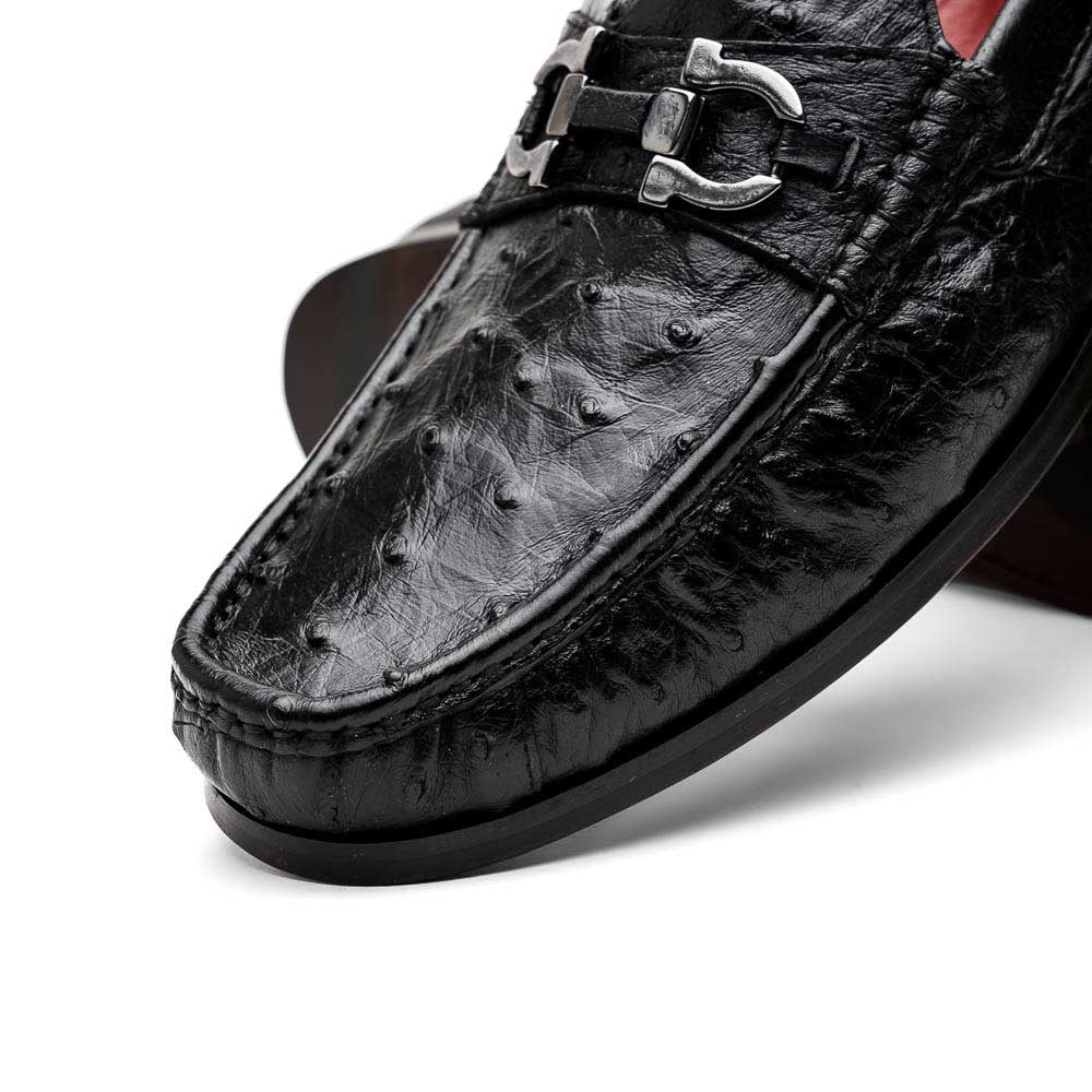 Ferrioni Black Men’s Genuine Ostrich Moc Toe Bit Loafers | Marco Di Milano
