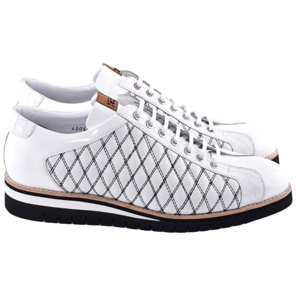 Corrente Men’s White Calfskin Round Toe Sport Sneaker with Quilted Side Design