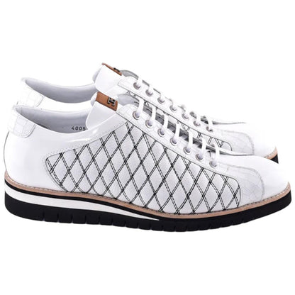 Corrente Men’s White Calfskin Round Toe Sport Sneaker with Quilted Side Design