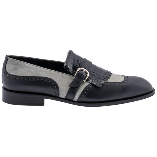 MAURI Shoes Men’s Kiltie Slip-On Black Grey Alligator, Calfskin & Suede Leather Luxury Loafers