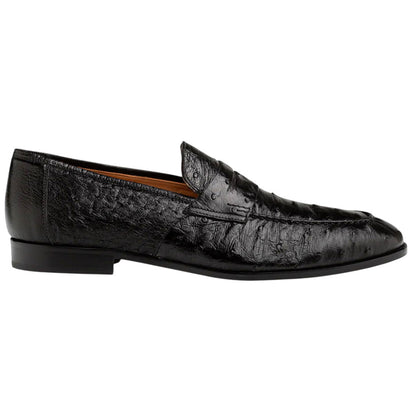 Mezlan Nogales Moc Toe Black Ostrich Leather Penny Loafer Dress Shoes