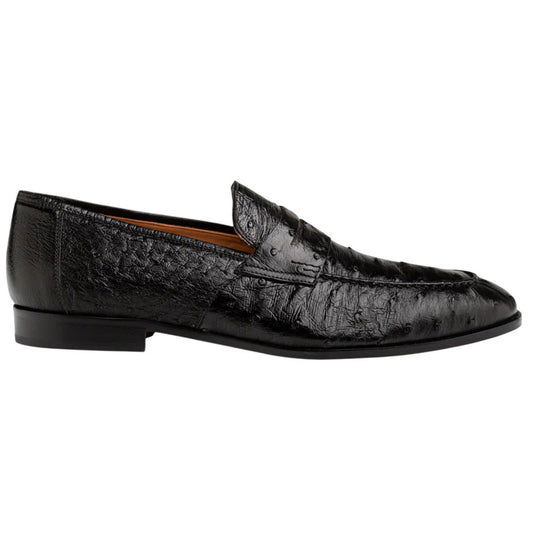 Mezlan Nogales Moc Toe Black Ostrich Leather Penny Loafer Dress Shoes