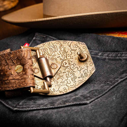 Arkansas Genuine Python Skin Western Belt in Brown with Antique Western Buckle | Marco Di Milano Exotic Belt
