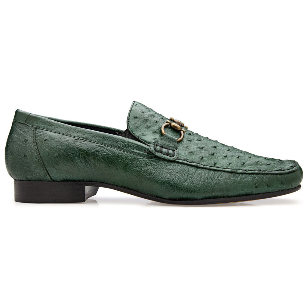 Belvedere Men’s Bartolo Full Quill Ostrich Forest Green Moc Toe Slip-On Dress Loafer