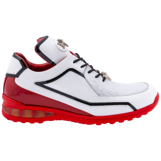 MAURI Shoes Men’s Boost Sneaker White Calfskin, Baby Crocodile & Patent Leather Luxury Sneakers