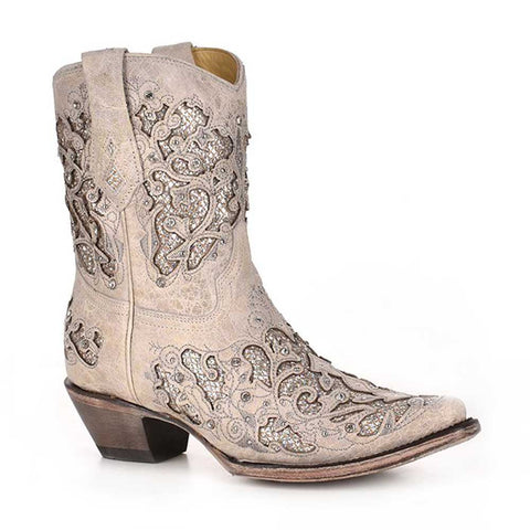 Corral Bone White Glitter Inlay and Crystals Ankle Boots