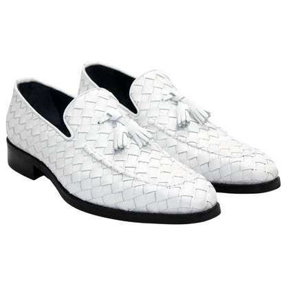 DUCA Tirrenea White Men's Italian Woven Leather Tassel Loafers