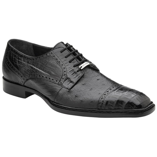 Belvedere Martino Black Caiman Crocodile & Ostrich Cap Toe Derby (US Men Size)